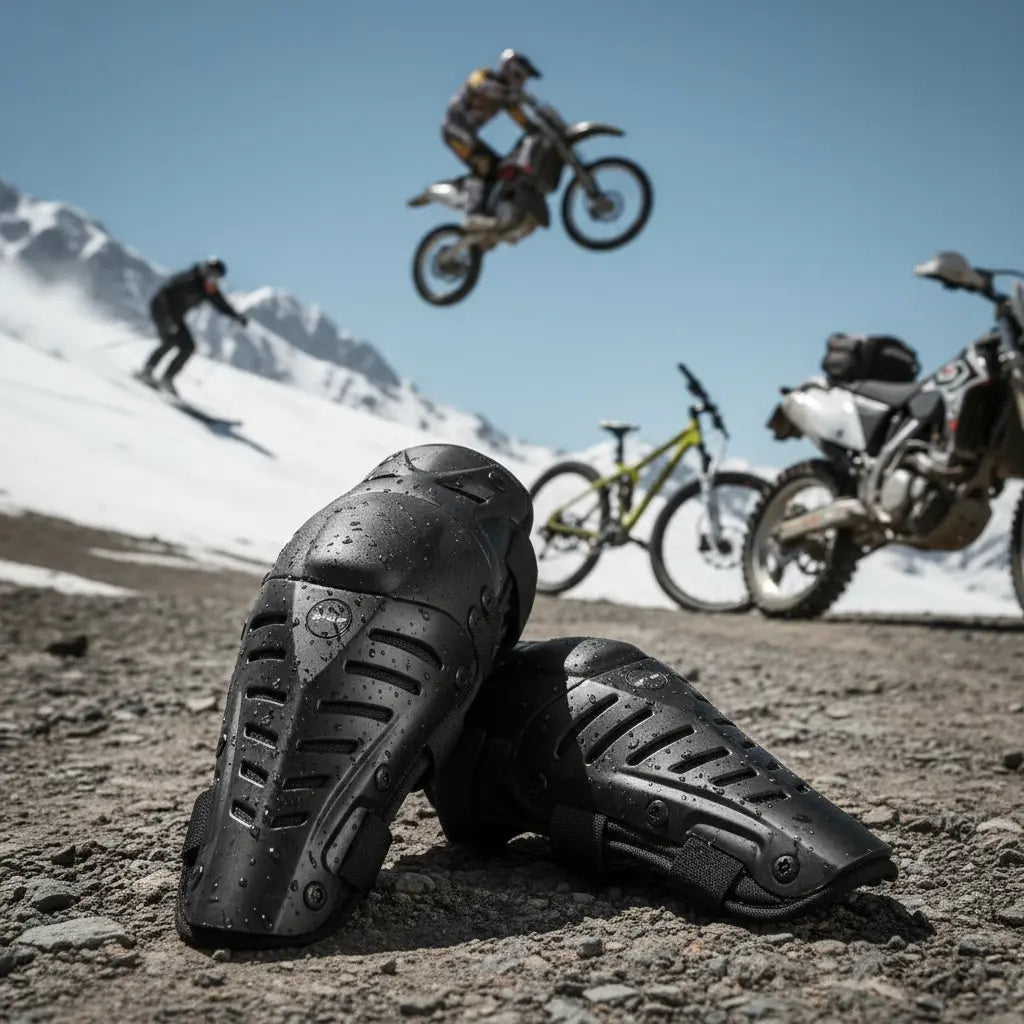 Rodilleras articuladas en primer plano con motos de motocross saltando al fondo