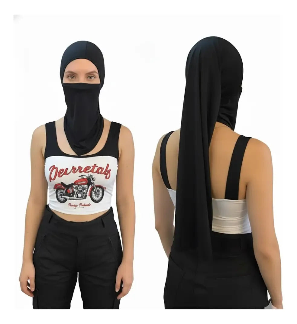 Mujer con la balaclava cubre cabello largo, vista de frente y de espaldas