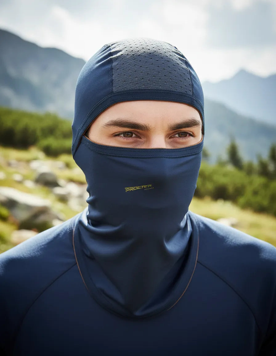 Hombre con balaclava de licra fría al aire libre