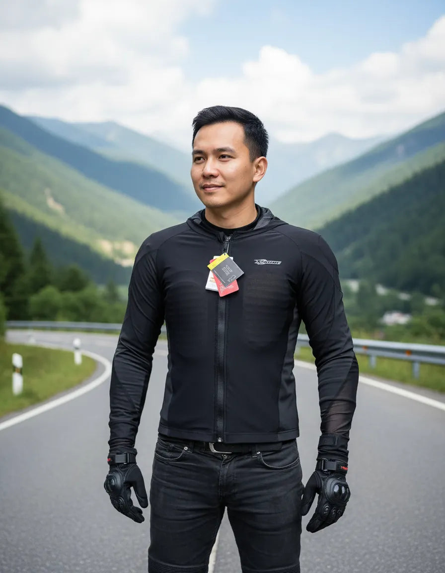 Motociclista con el body armor Xtrong en carretera