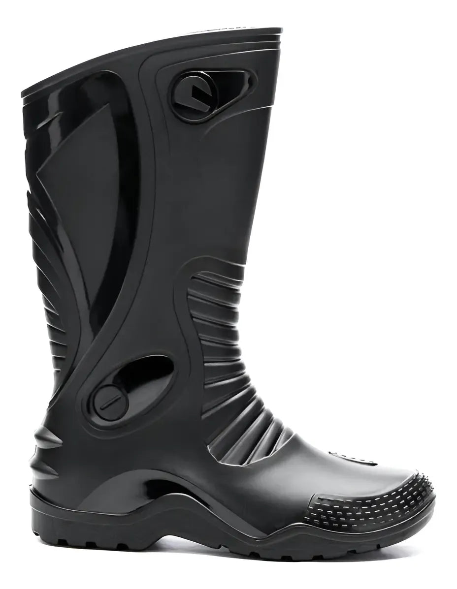 Bota de caucho para motociclista negra, vista lateral
