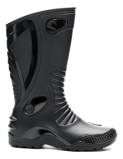 Bota de caucho para motociclista negra, vista lateral