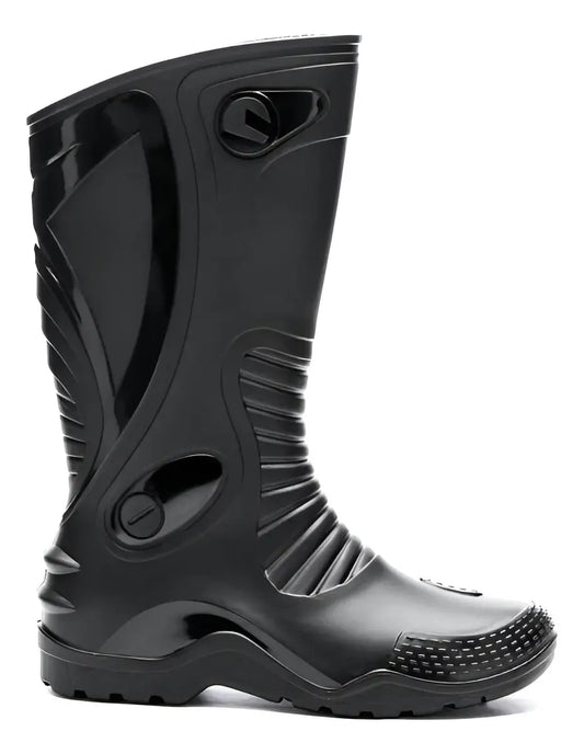 Bota de caucho para motociclista negra, vista lateral