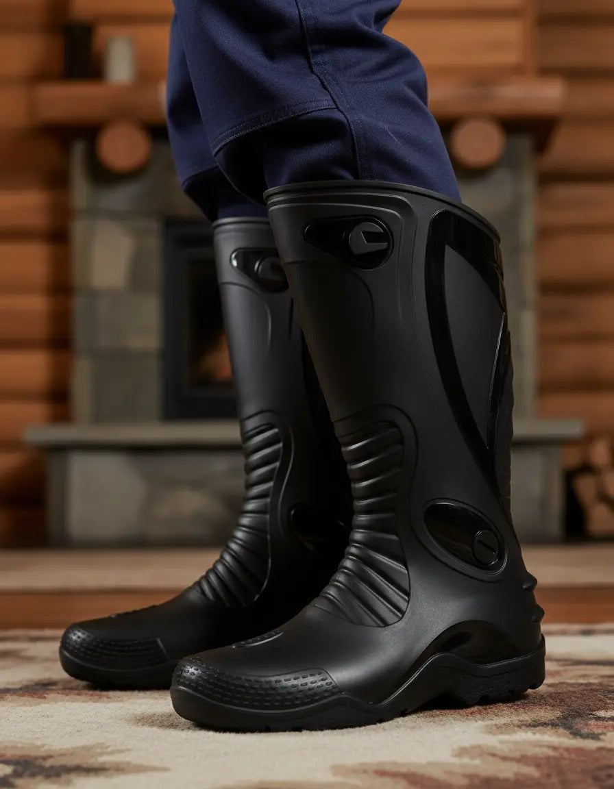 Piernas con botas de caucho impermeables puestas