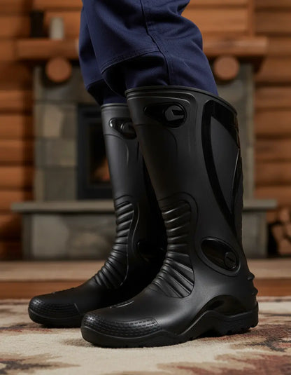Piernas con botas de caucho impermeables puestas