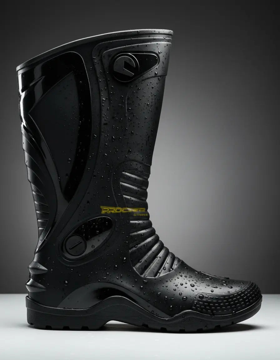 Bota de caucho impermeable para moto sobre fondo oscuro