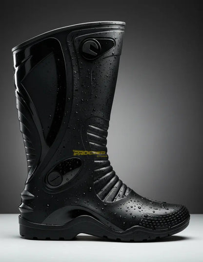Bota de caucho impermeable para moto sobre fondo oscuro