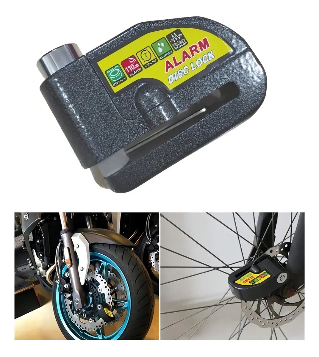 Candado con alarma instalado en el disco de freno de la moto