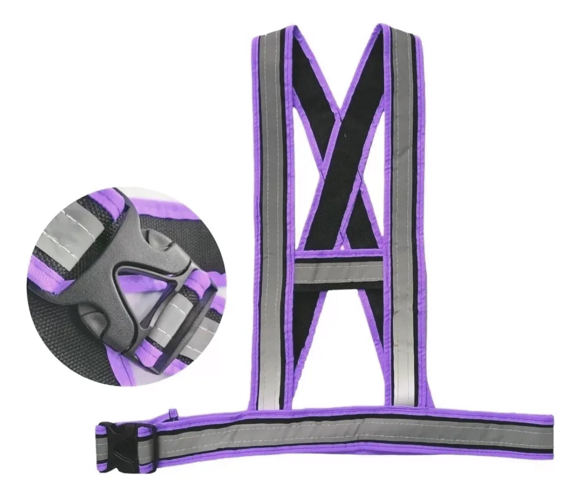 Chaleco reflectivo morado con detalle de la hebilla de ajuste