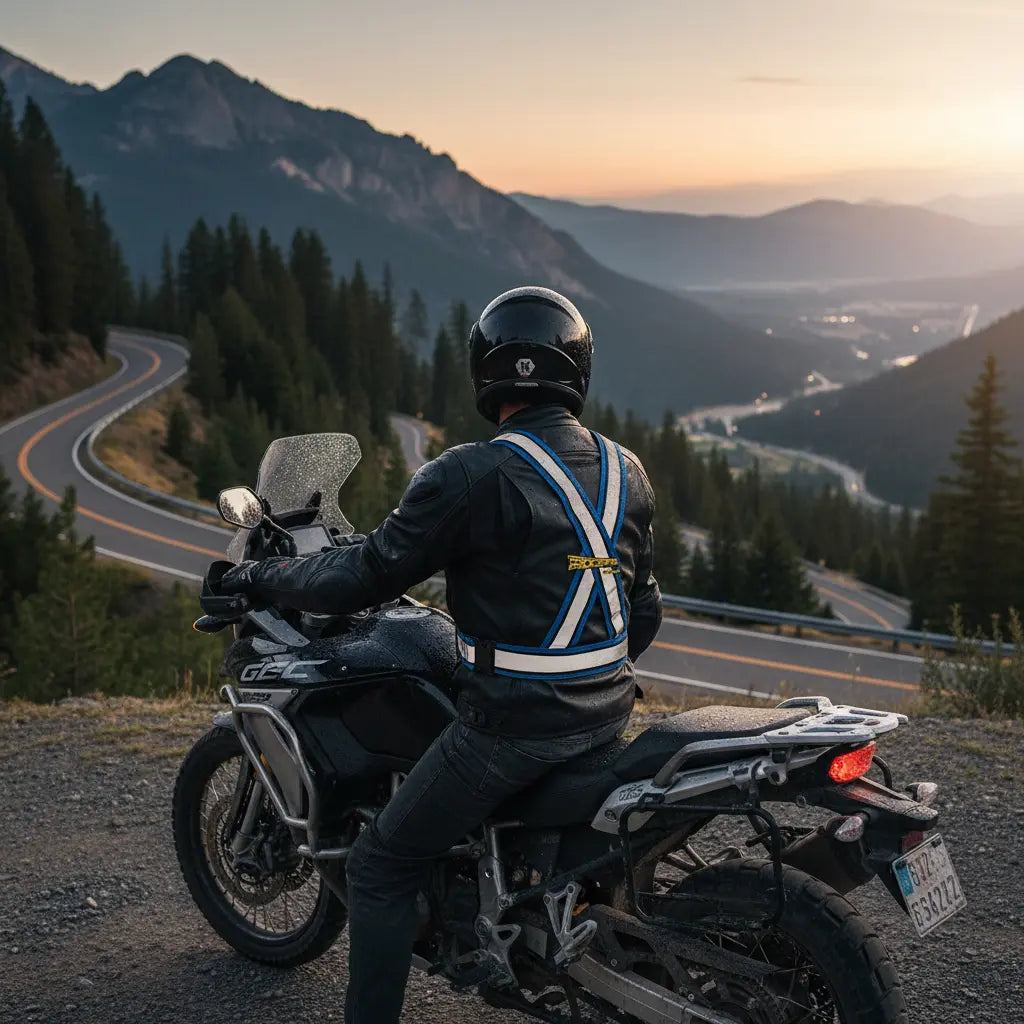 Motociclista con chaleco reflectivo en una carretera de montaña