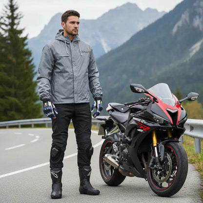 Hombre con chaqueta reflectiva térmica junto a una moto deportiva