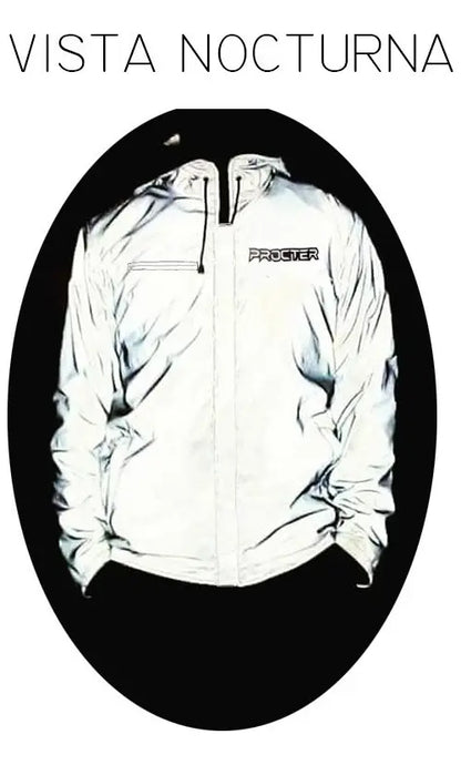 Vista nocturna: la chaqueta reflectiva iluminada en la oscuridad