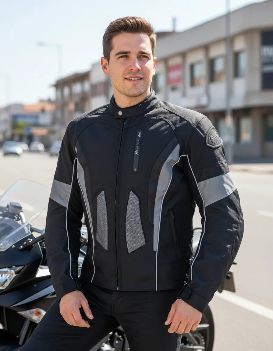 Hombre con chaqueta de moto negra con protecciones junto a una motocicleta