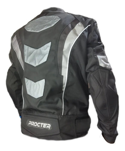Espalda de la chaqueta para moto con paneles reflectivos y logo Procter