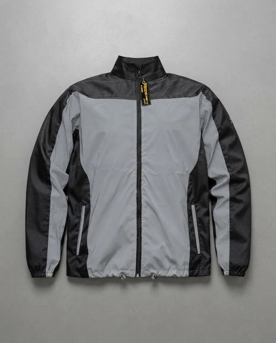 Chaqueta reflectiva rompevientos gris y negra, vista frontal