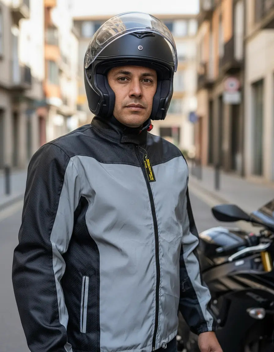 Motociclista con casco y chaqueta rompevientos reflectiva en la calle