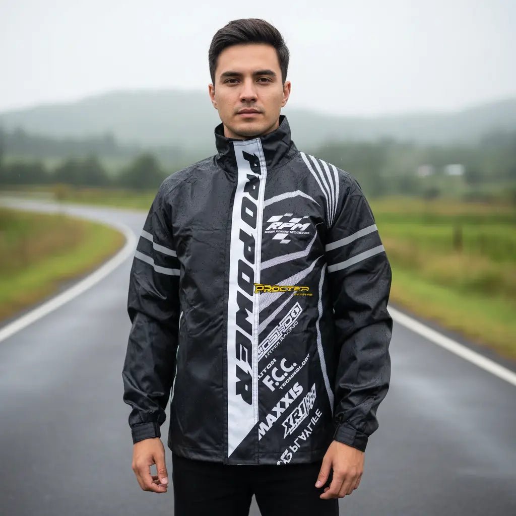 Hombre con chaqueta impermeable Pro Power en carretera