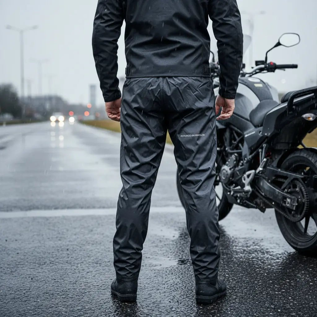 Pantalón impermeable visto de espaldas junto a una moto en la lluvia