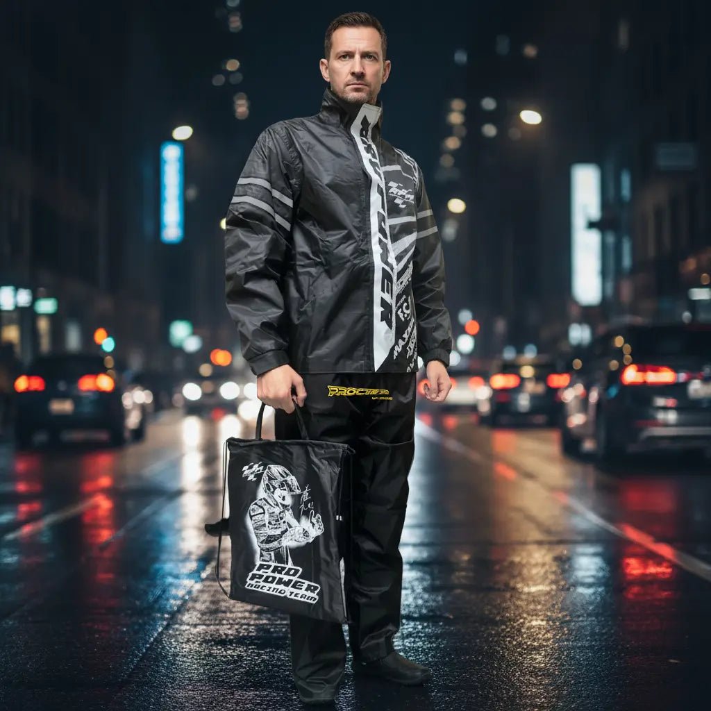 Motociclista con el conjunto impermeable de noche en la ciudad
