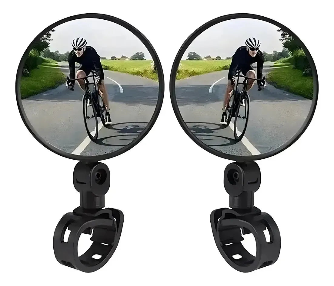 Par de espejos retrovisores convexos con reflejo de un ciclista