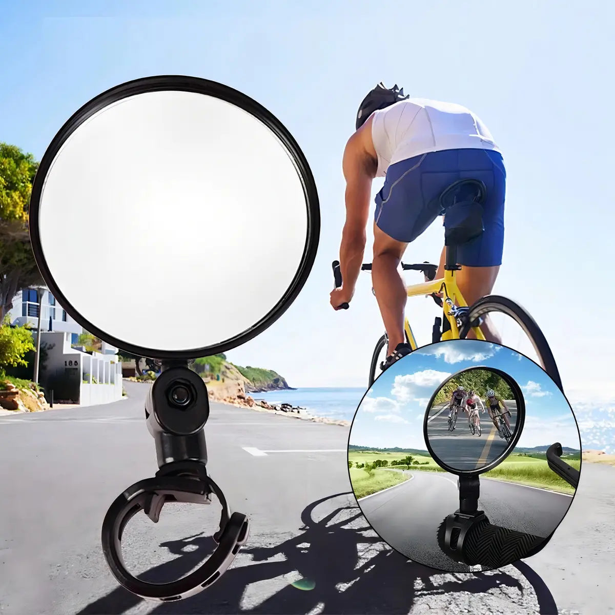 Ciclista con el espejo retrovisor montado en el manubrio