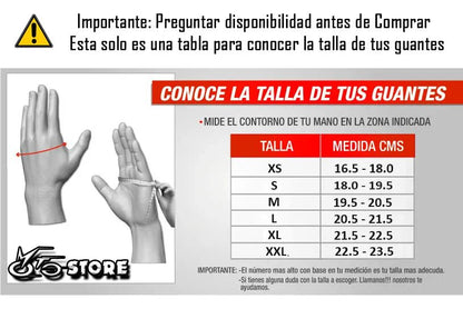 Tabla para medir la talla de guantes según el contorno de la mano