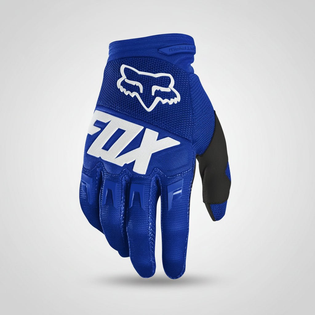 Guante Fox Dirtpaw azul con el logo de la marca en el dorso