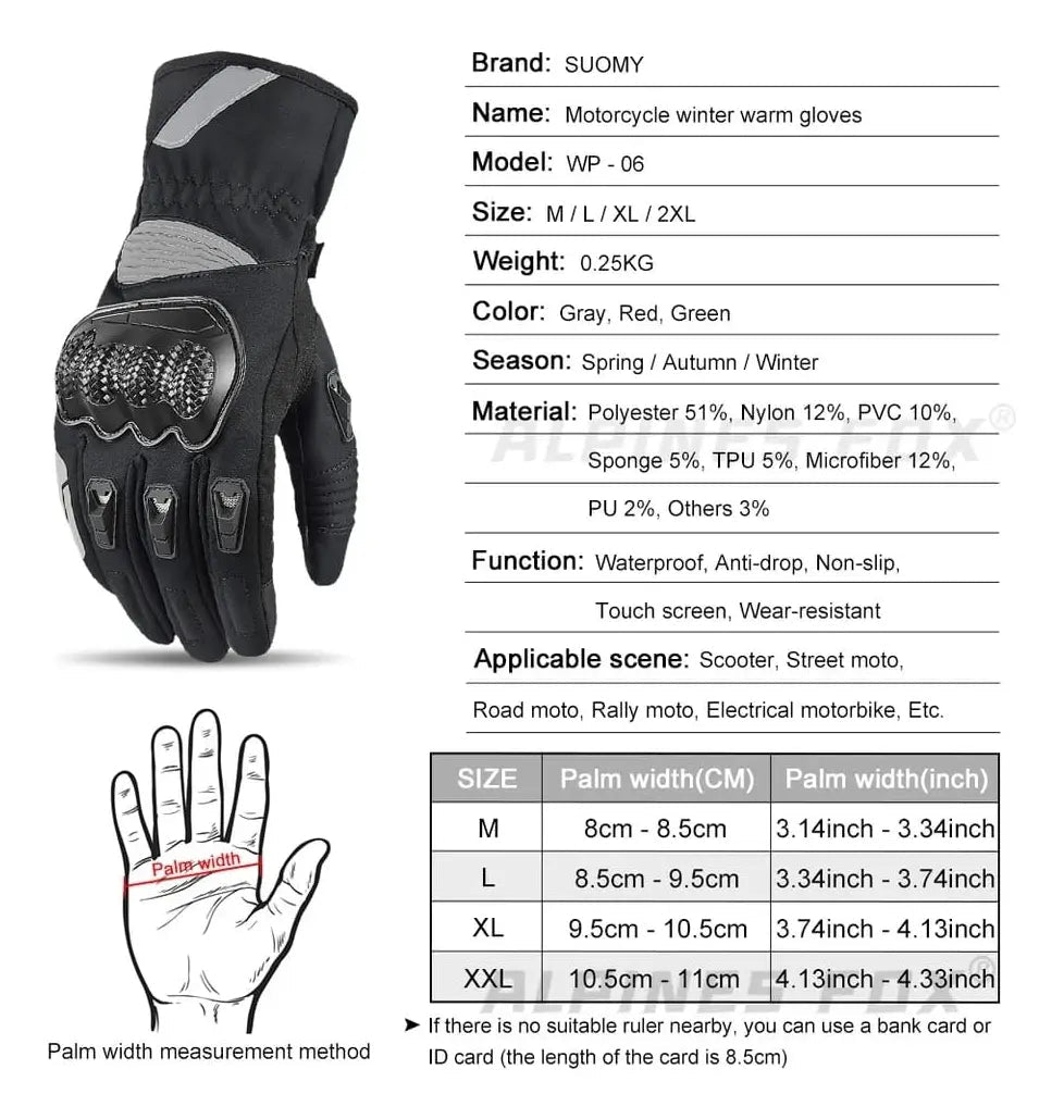 Ficha técnica y tabla de tallas de los guantes Suomy WP-06