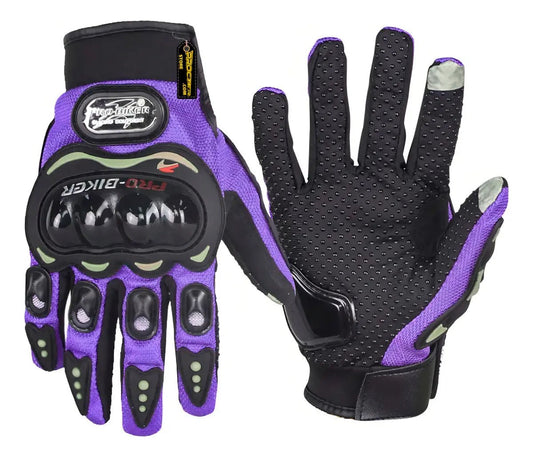 Par de guantes de moto morados con protección en nudillos y palma