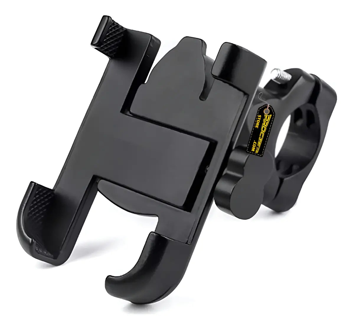 Soporte de celular metálico negro para moto con mordazas de agarre y abrazadera de manubrio