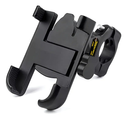 Soporte de celular metálico negro para moto con mordazas de agarre y abrazadera de manubrio
