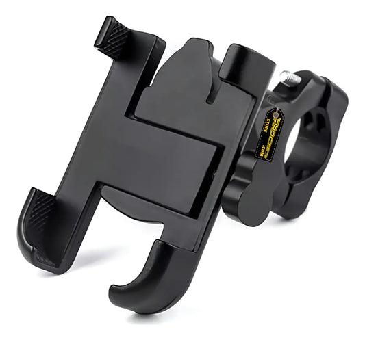 Soporte de celular metálico negro para moto con mordazas de agarre y abrazadera de manubrio