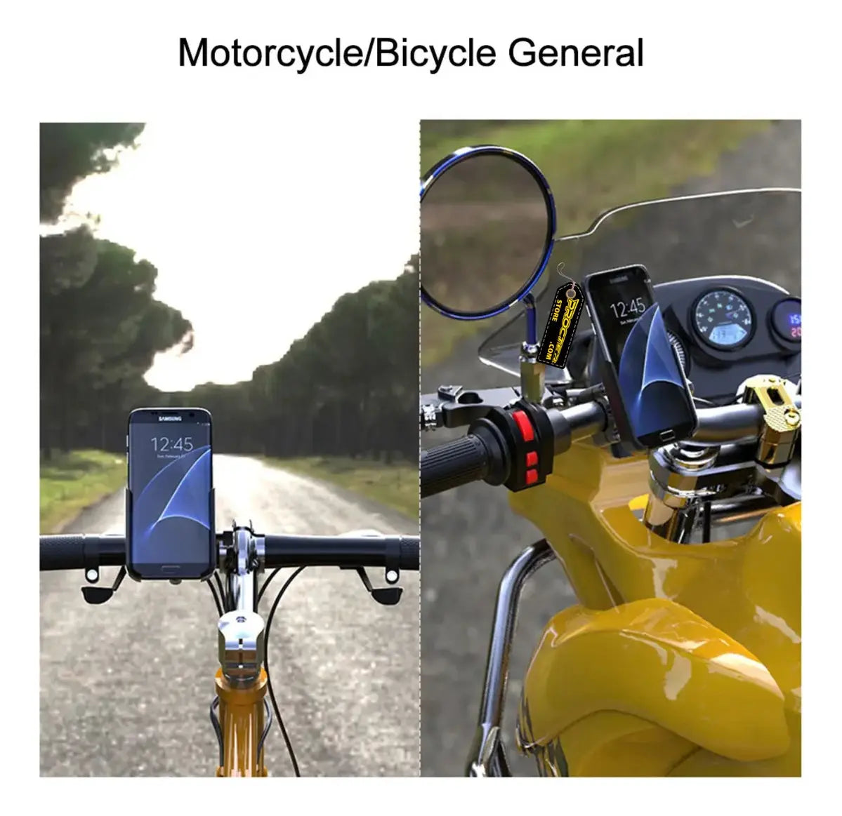 Soporte de celular metálico instalado en el manubrio de una bicicleta y de una moto