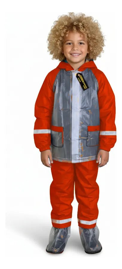 Niño con impermeable naranja de dos piezas y zapatones
