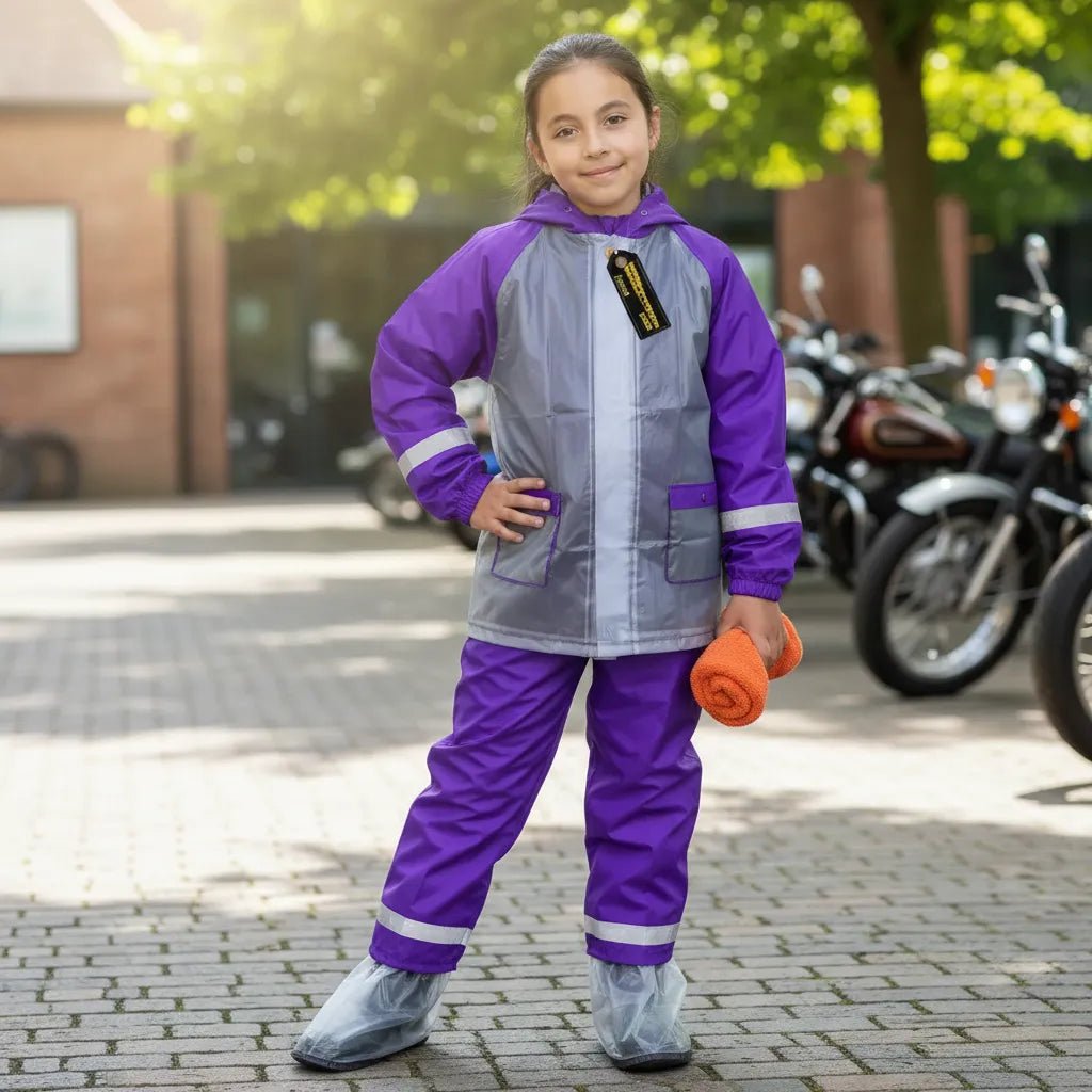 Niña con impermeable morado junto a motos estacionadas