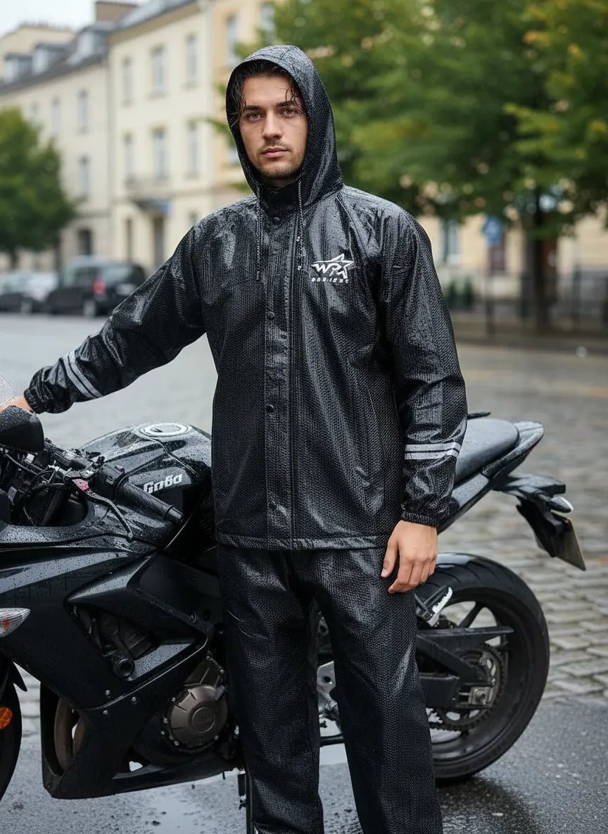 Motociclista con impermeable de PVC junto a su moto en calle mojada