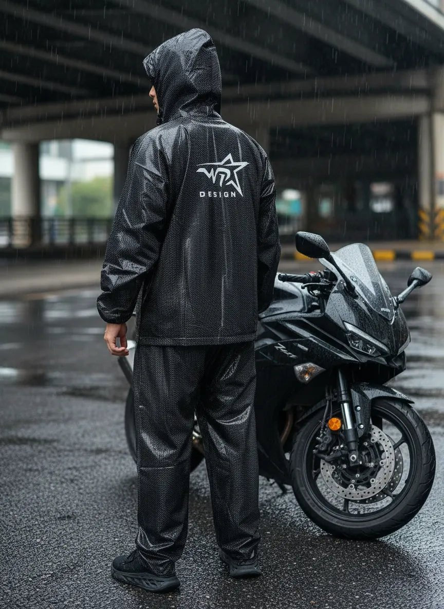 Motociclista de espaldas con impermeable de PVC frente a una moto deportiva