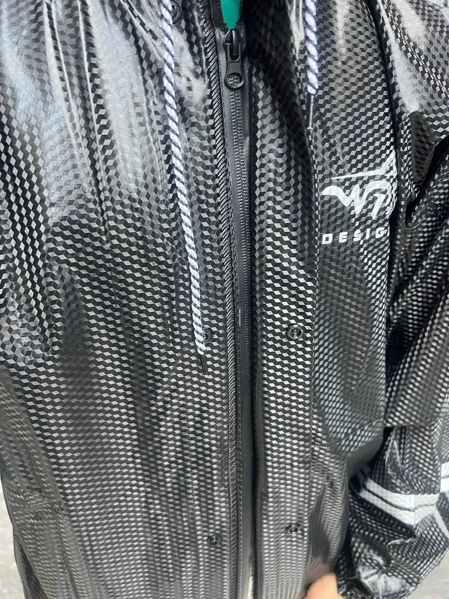 Textura satinada y cremallera del impermeable de PVC