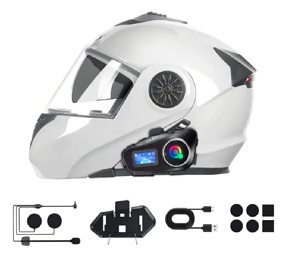 Casco abatible blanco con el intercomunicador Q58 MAX instalado y sus accesorios