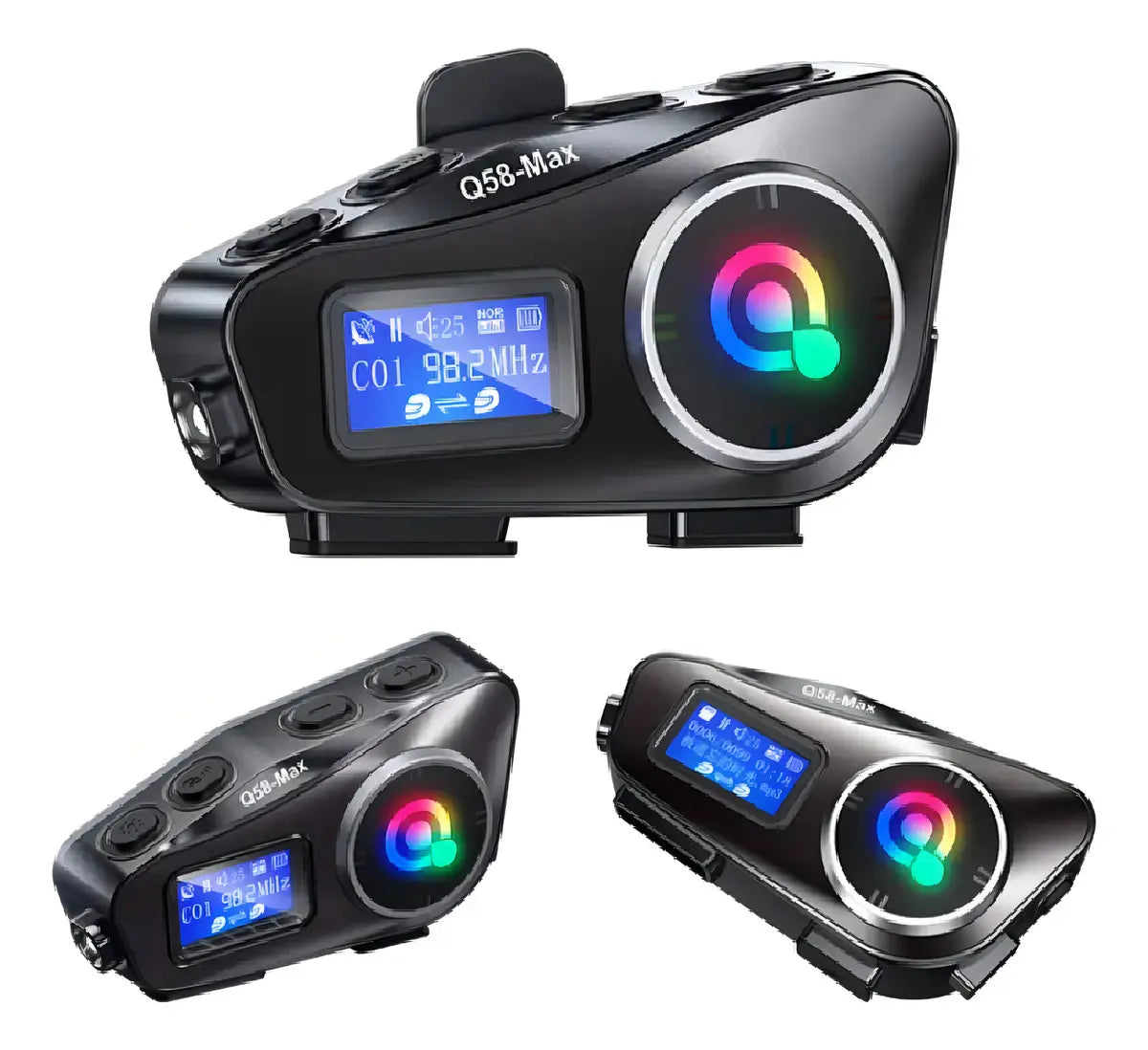 Tres vistas del intercomunicador Q58 MAX con pantalla y radio FM