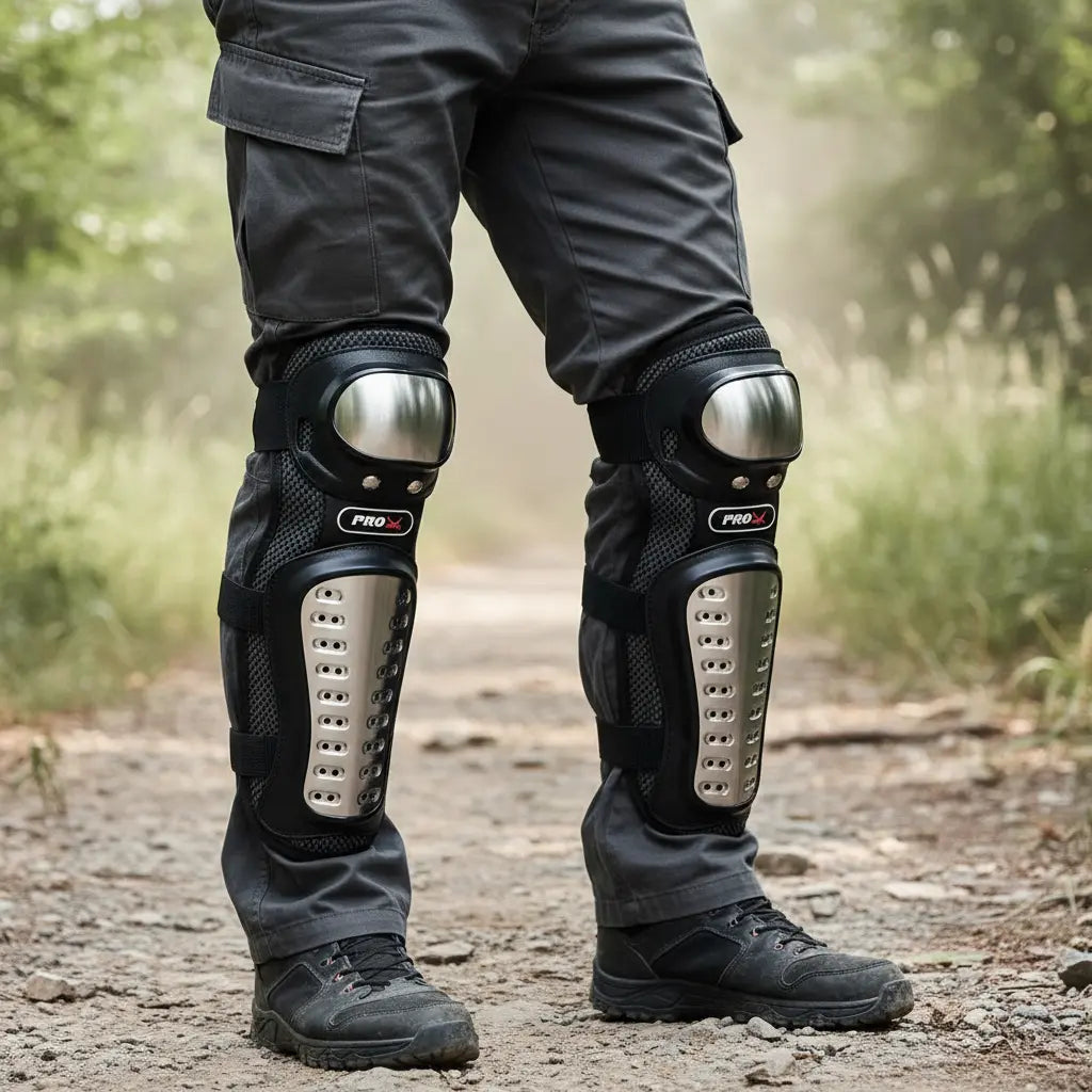 Piernas con las rodilleras metálicas puestas en un camino destapado