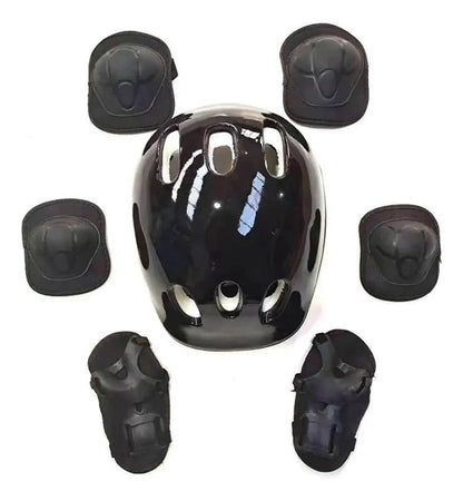 Kit de protección infantil negro: casco, rodilleras, coderas y muñequeras