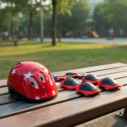 Kit de protección infantil rojo sobre una banca del parque