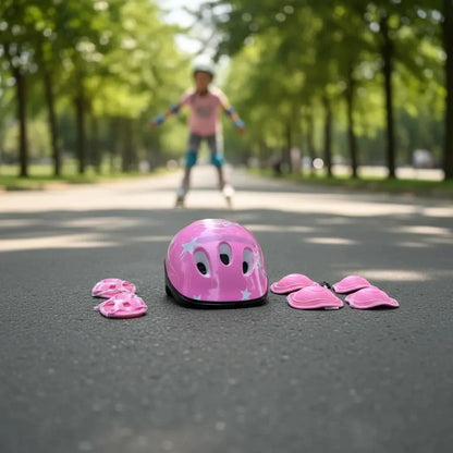 Kit de protección infantil rosado en una pista de patinaje