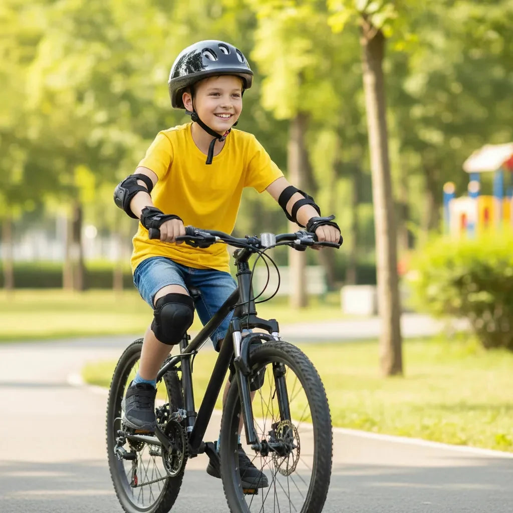 Niño en bicicleta con el kit de protección puesto