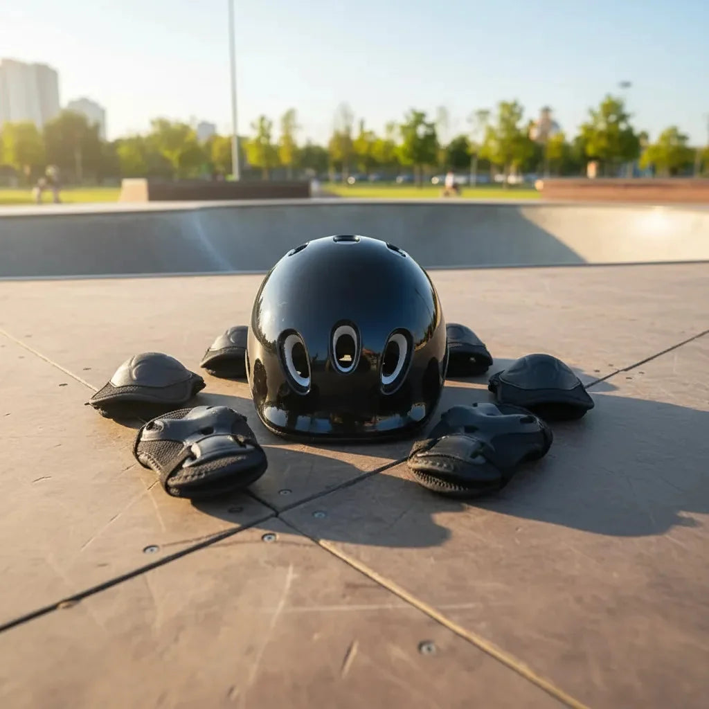 Kit de protección infantil negro en una pista de skate
