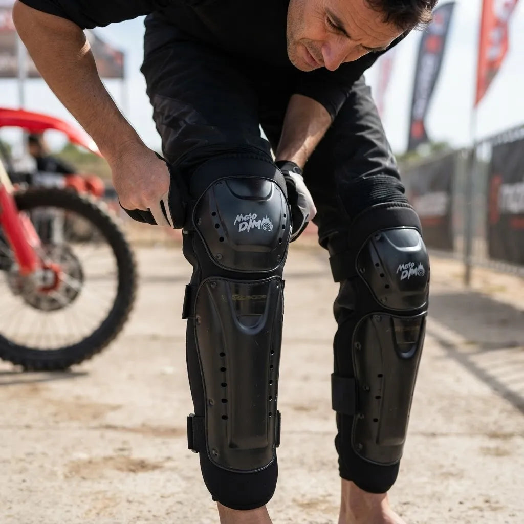 Hombre ajustándose las rodilleras de protección junto a una moto