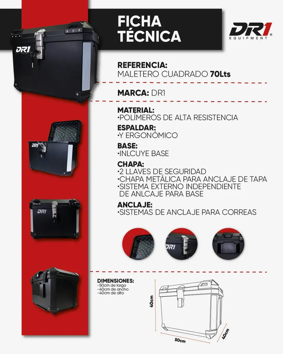Ficha técnica del maletero cuadrado DR1 de 70 litros con materiales y dimensiones