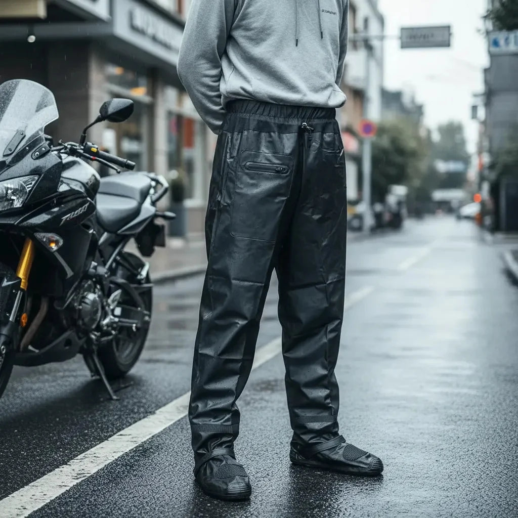 Hombre con pantalón impermeable enterizo junto a una moto