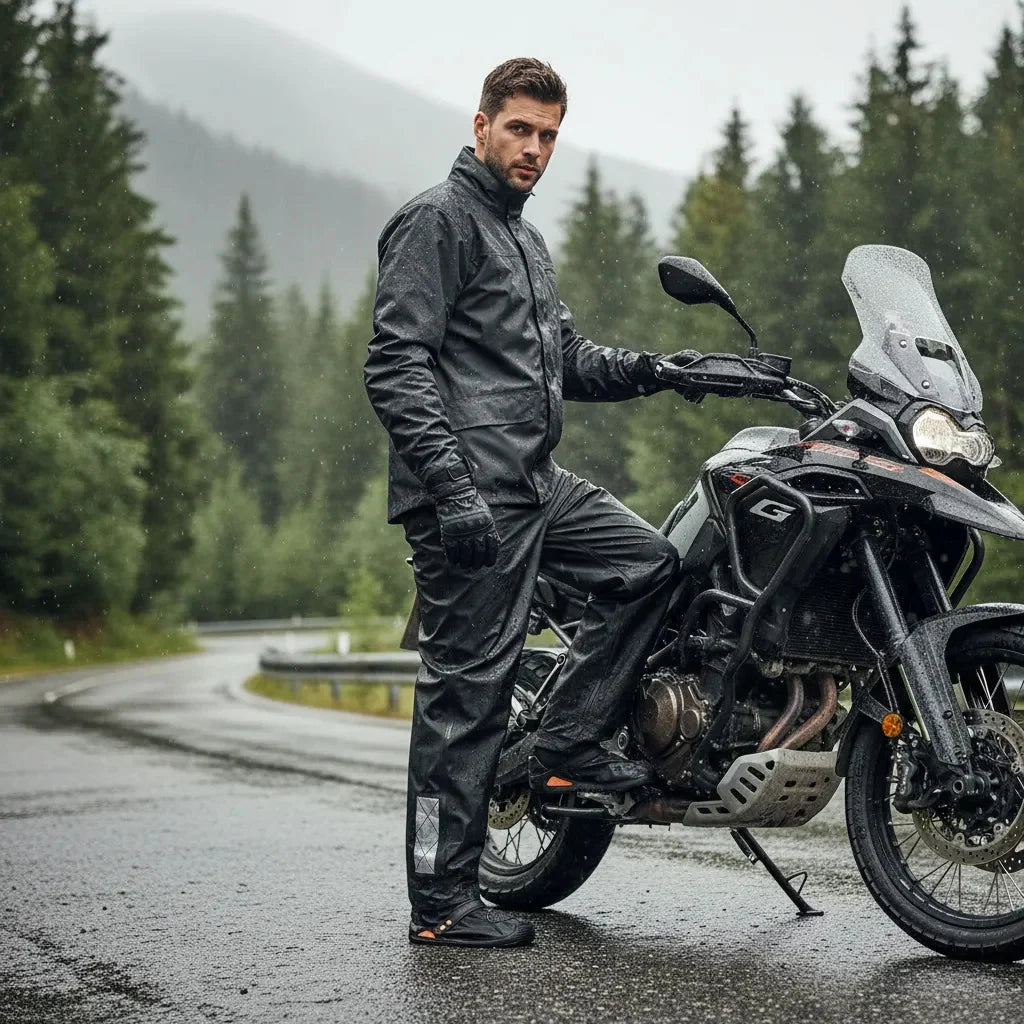 Motociclista con pantalón impermeable enterizo en carretera